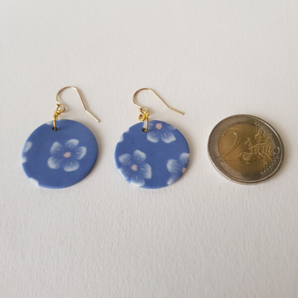 Boucles d'oreilles, Crochet Or rondes, Fleurs de prunier, bleu